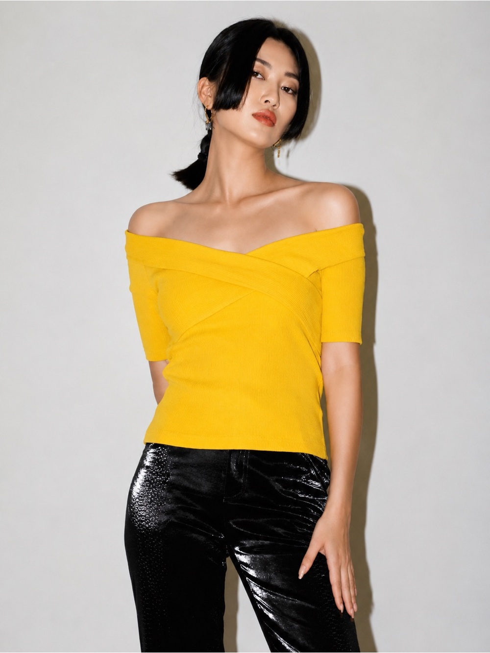 Sandro Galina Off The Shoulder Ribbed Knit Top Shirt Blouse Yellow Women’s 1